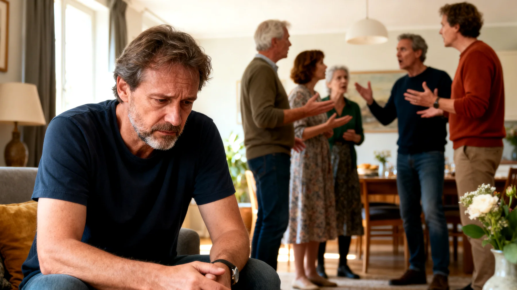 Vader van jongvolwassenen ervaart conflicten met de uitgebreide familie (schoonfamilie, etc.)"